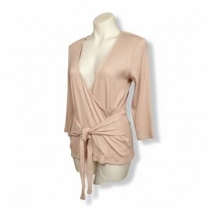 Express One Eleven Women's Plunge V-Neck  3/4 Sleeve Tan Waist Tie Top Size XL